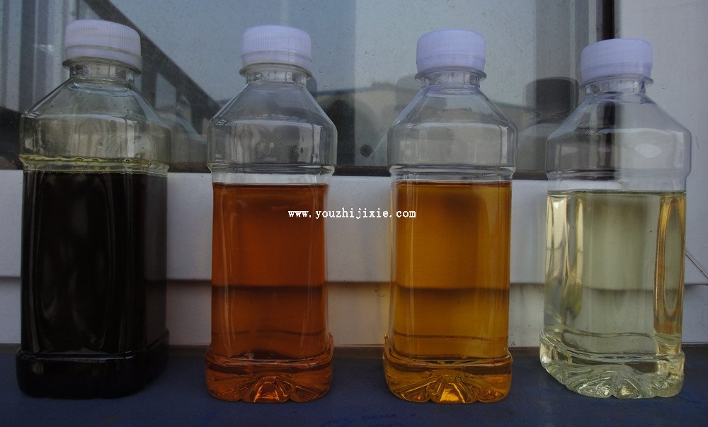 接上篇浸出油健康嗎? 浸出法制油的歷史與現狀以及粉碎謠言(圖2) 從左到右分別是:毛油、中和油(經過脫膠和脫酸)、脫色油(經過吸附脫色)、精煉油(經過脫臭)